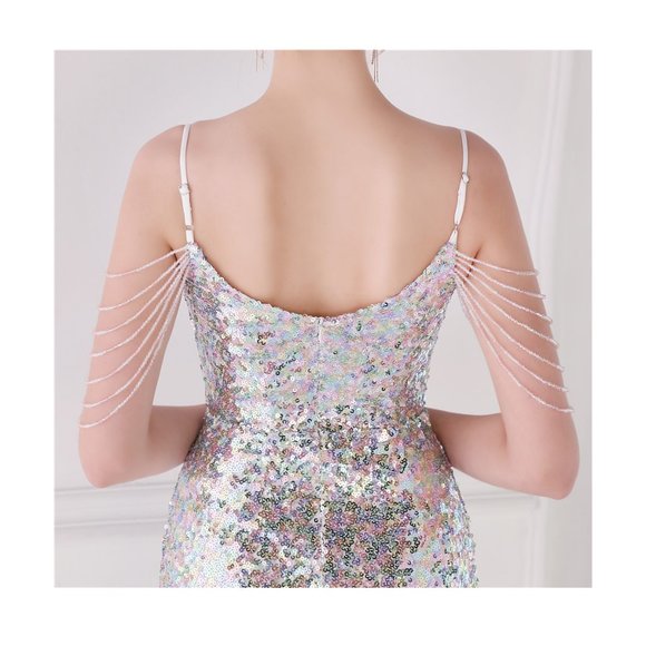 Formal White Silver Evening Gown Sequin Glitter Dress Off Shoulder Ball Gown - Picture 6 of 7